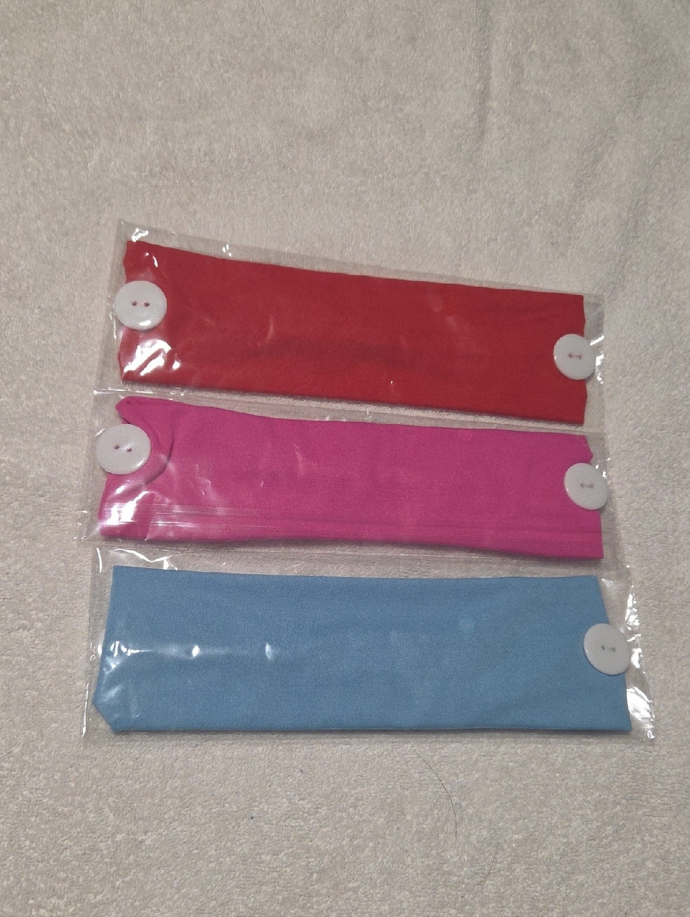 Women’s Stretch Headbands Set - Red, Pink, Blue With Buttons